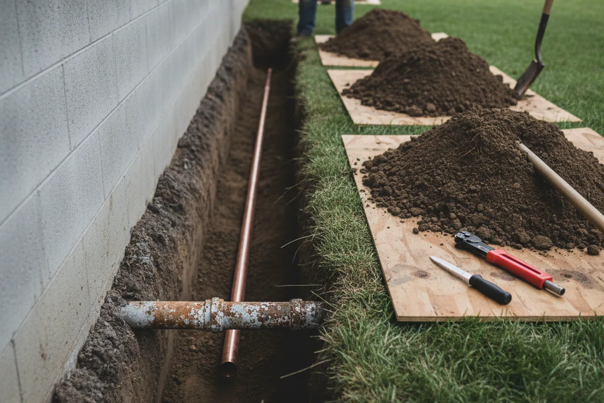 Excavated water line trench during Sewer Line Repair in Pennsburg